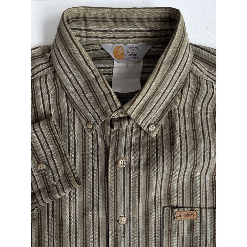 Carhartt Mens Green Brown Striped Heavyweight Work Shirt Long Sleeve Button Down